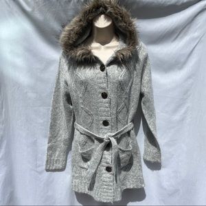 Kian D Heather Gray Belted Knit Cardigan Sweater with Faux Fur Edged Hood Size L